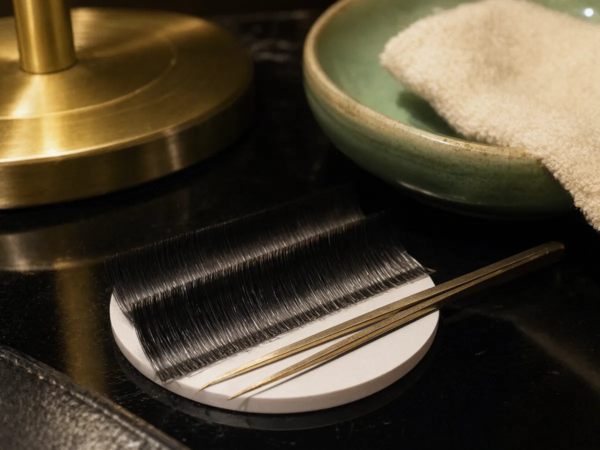 Eyelash extension strips and gold tweezers on a black lacquer table