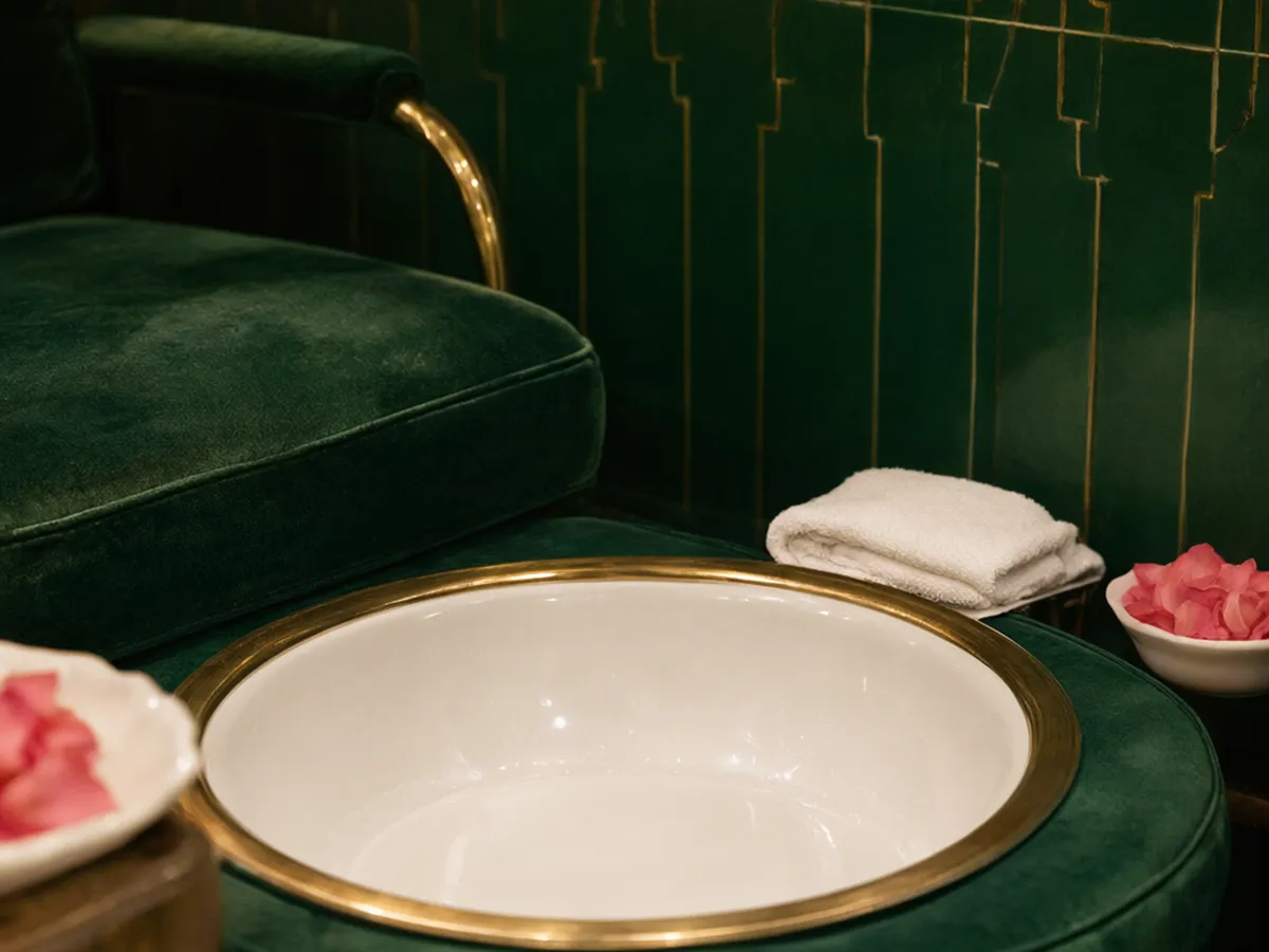 An emerald velvet pedicure chair above a white porcelain foot basin with a brass rim