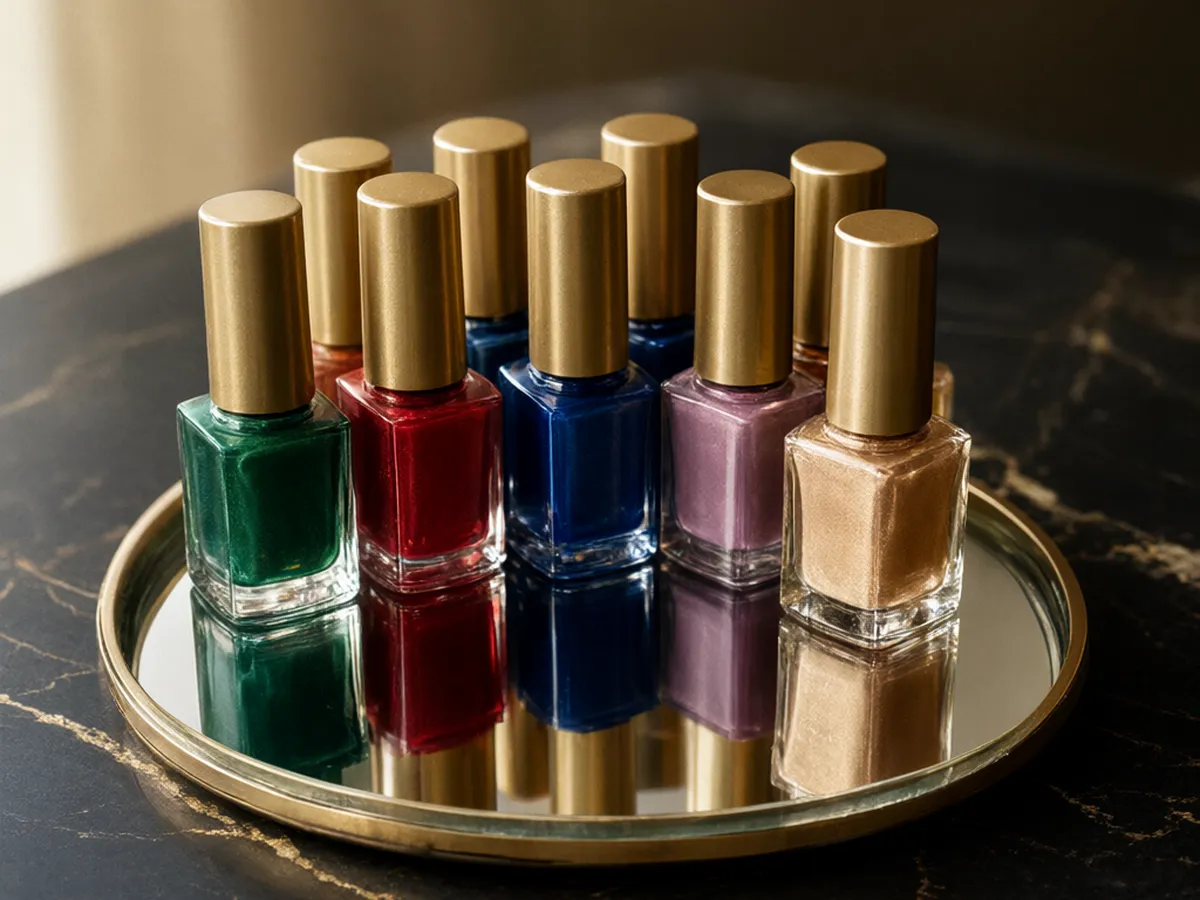 Jewel-toned nail polish bottles fanned on a mirrored tray on black marble